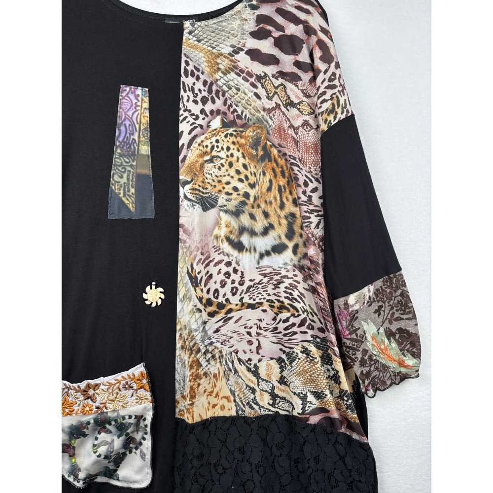 Lee Andersen Tunic Womens One Size Leopard Patchwork Lace Art To Wear USA
